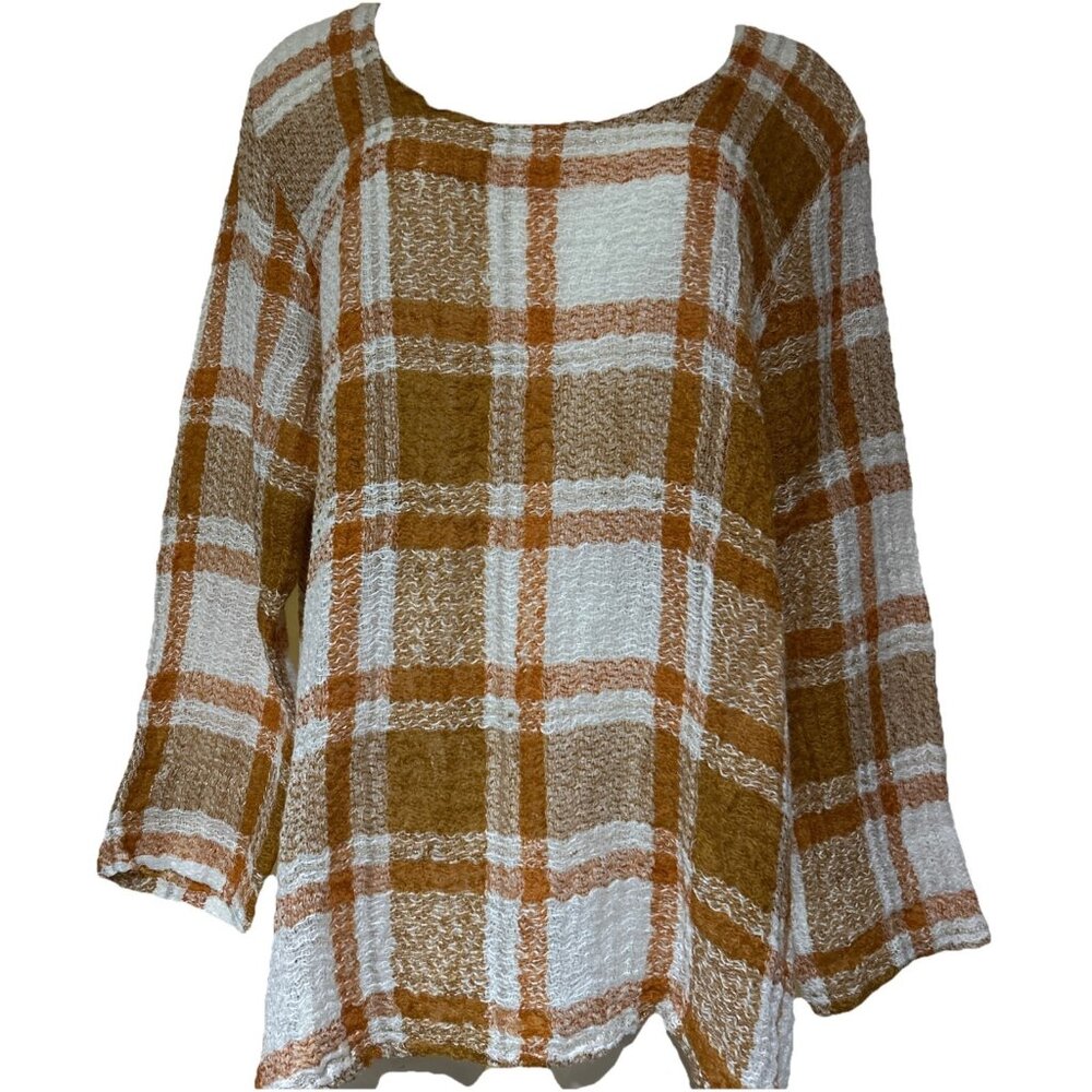Marilu Orange Italian Linen Top Open Knit Lagenlook Plaid Tunic Shirt XL